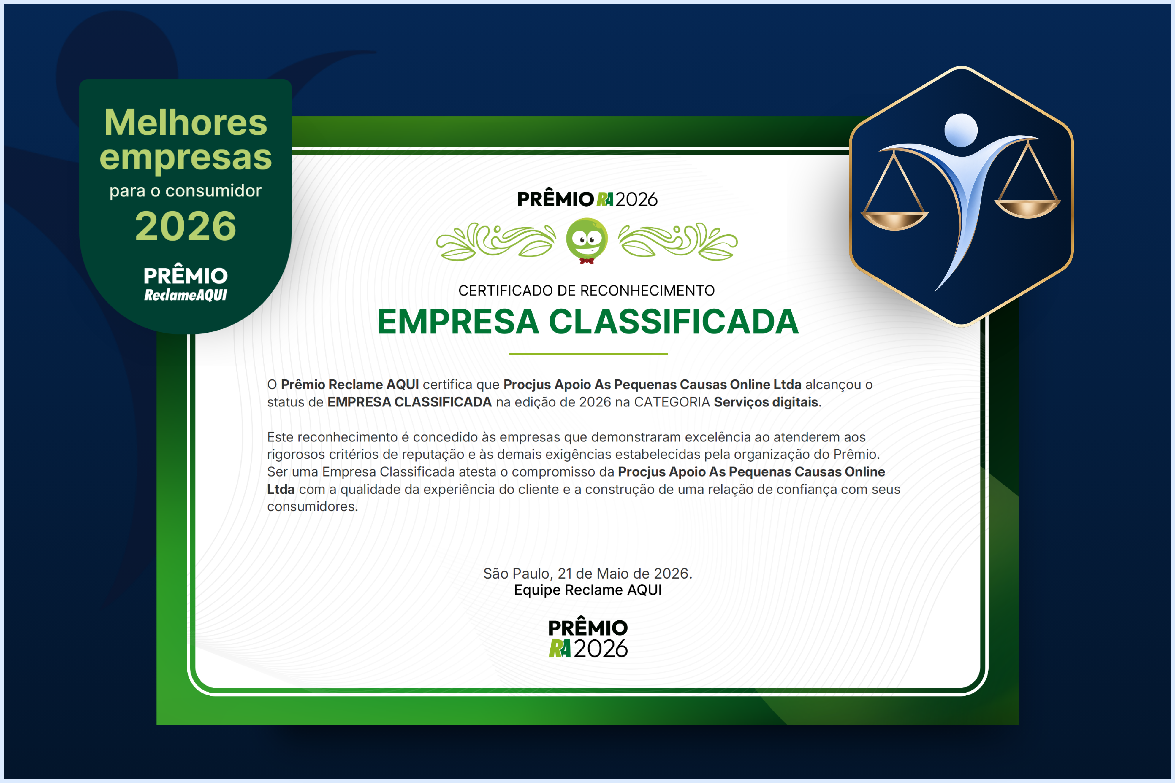 Procjus é classificada para o Prêmio Reclame AQUI 2026 